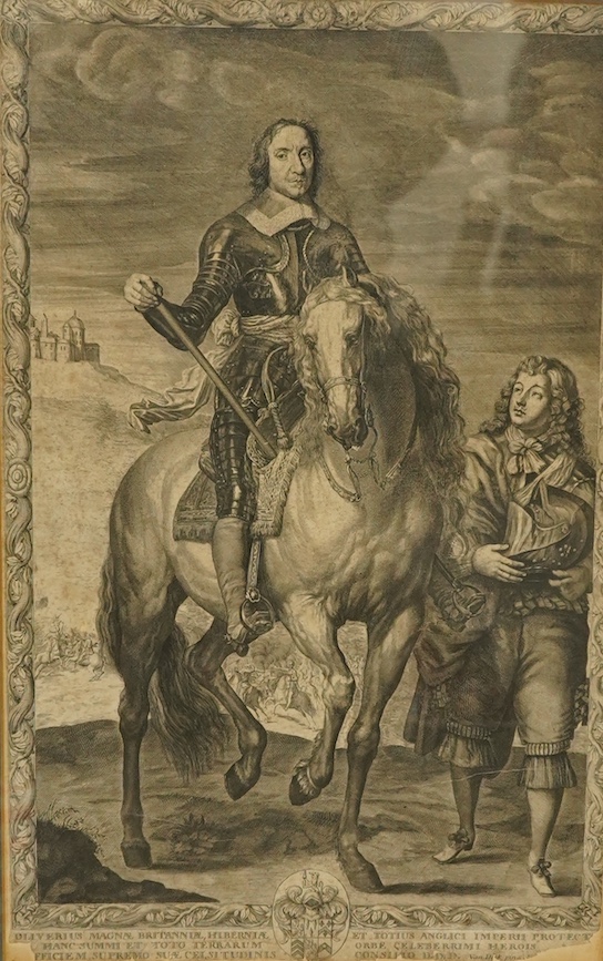 After Anthony Van Dyck (1599-1641), engraving, Oliver Cromwell on horseback, 54 x 34cm. Condition - fair considering age